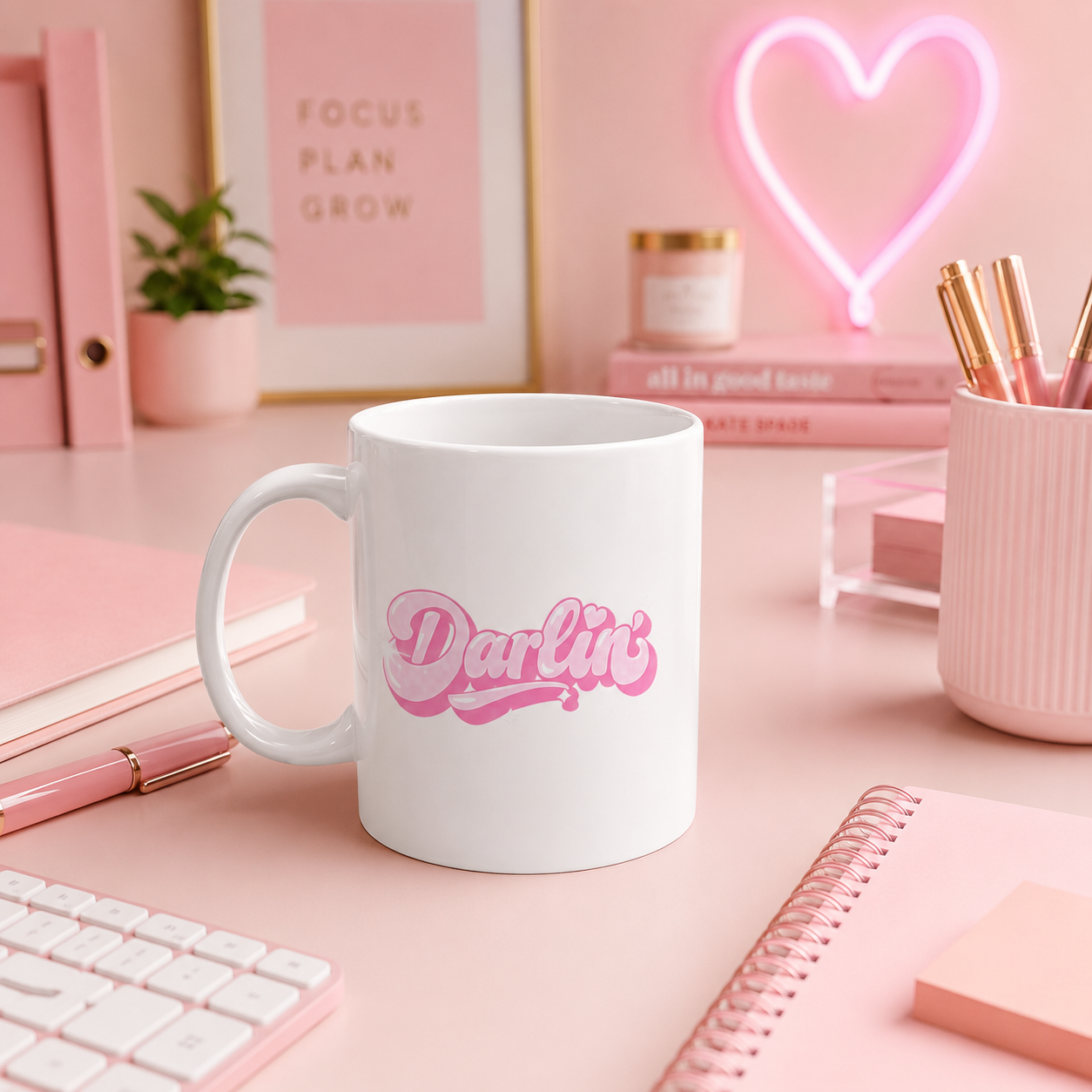 Darlin’ Pink Retro Aesthetic Ceramic Coffee Mug | Cute Desk Decor