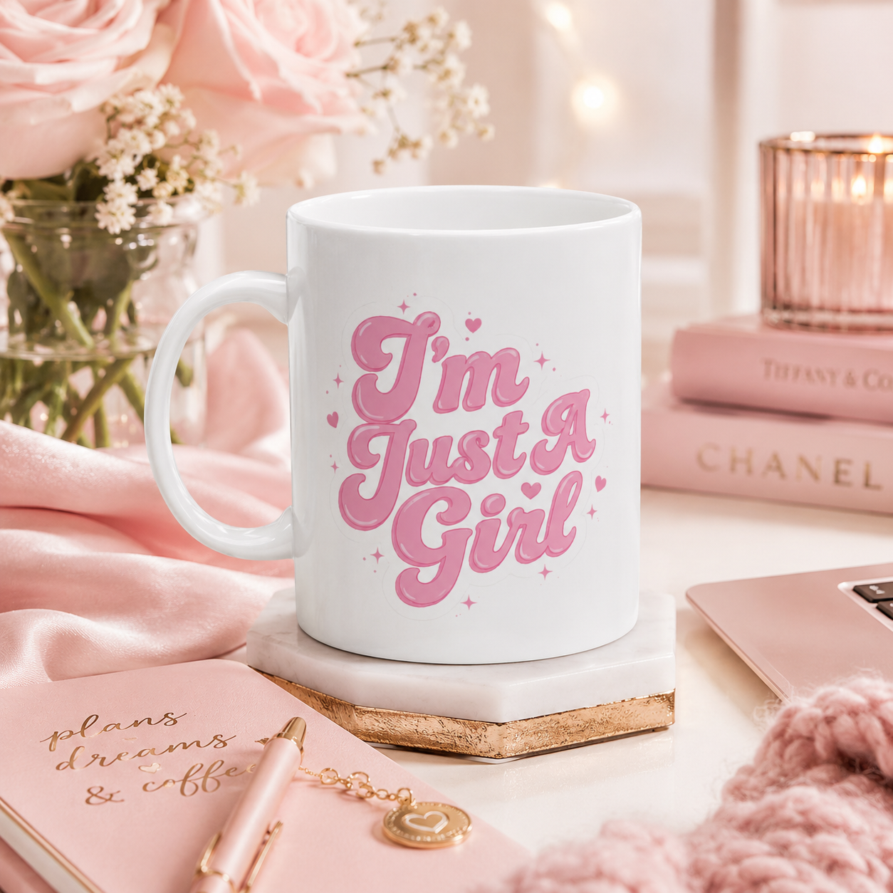 Ceramic Mug - "I’m Just A Girl" Pink Script Cute Coffee Cup (11oz, 15oz)